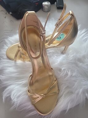 GUESS Metallic Gold Knot Front Ankle Strap Heels